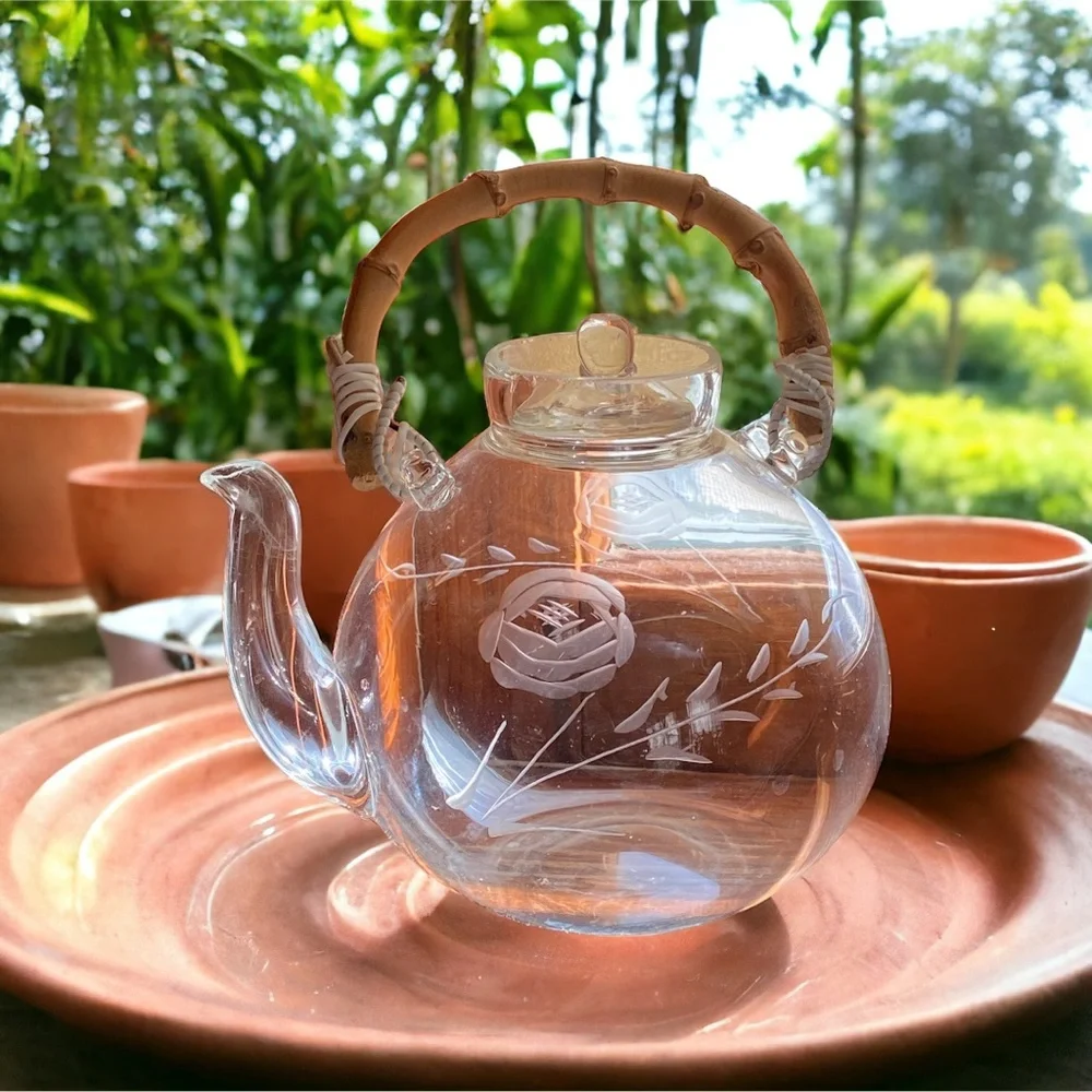 Vintage Hand Blown Teapot With Lid and Bamboo Handle and Red Etched Flowers - Picture 1 of 7